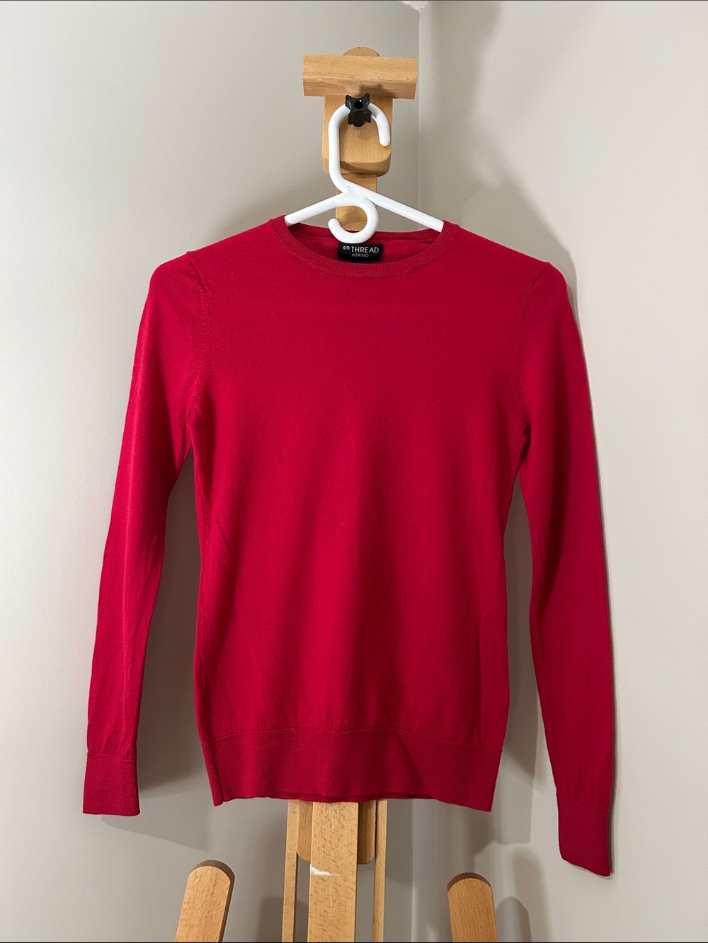 En Thread | 100% Merino Wool Crewneck Sweater in Jewel Tone Red | Size XS